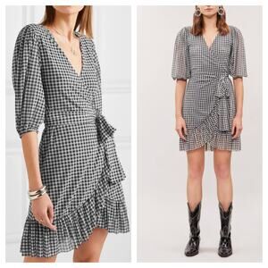 Ganni Gingham Mesh Wrap Mini Dress Size 40 Ruffle Stretch Black White Check